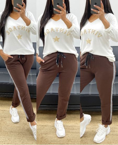 PANTALON EN COTON BANDE RAYE AH250355 CHOCOLAT