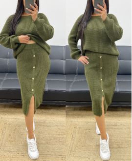 SWEATER + BUTTON SKIRT SET AH250364 KHAKI