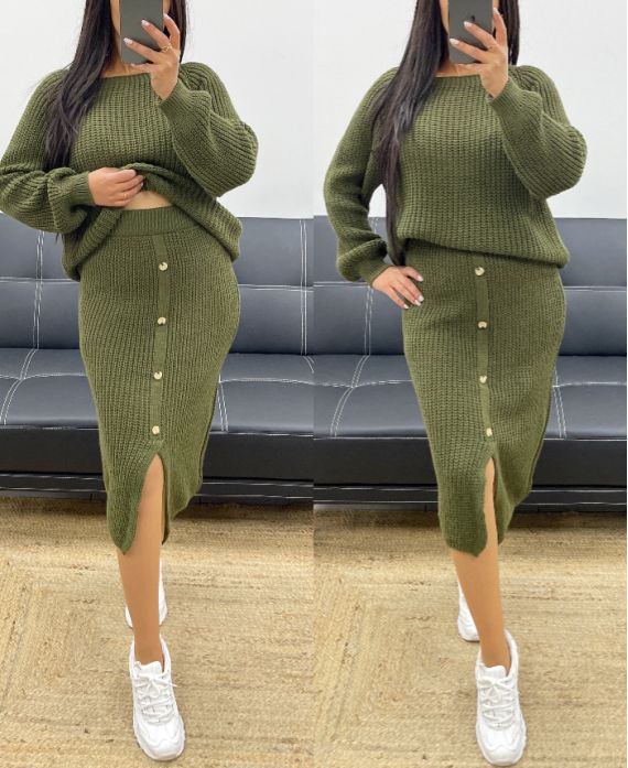 KOMPLET SPÓDNICA SWETER + GUZIKI AH250364 KHAKI