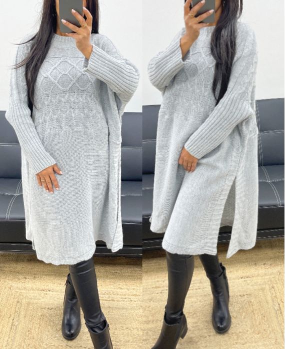 PULLOVER/ROBE OVERSIZE LONG FENTES AH250406 GRIS CLAIR