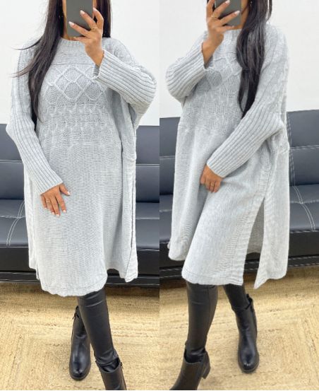 PULLOVER/ROBE OVERSIZE LONG FENTES AH250406 GRIS CLAIR