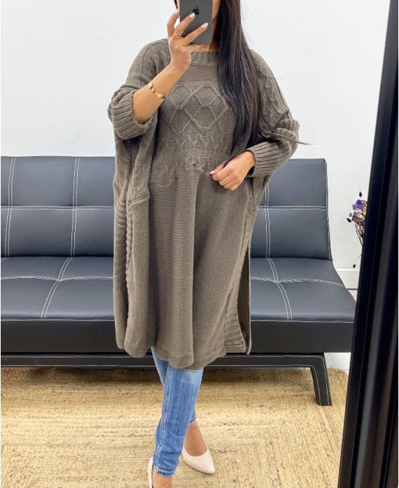 OVERSIZED SWEATER/DRESS WITH LONG SLIT AH250406 TAUPE