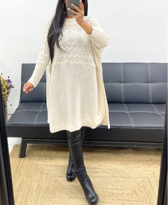 OVERSIZED SWEATER/DRESS WITH LONG SLIT AH250406 BEIGE