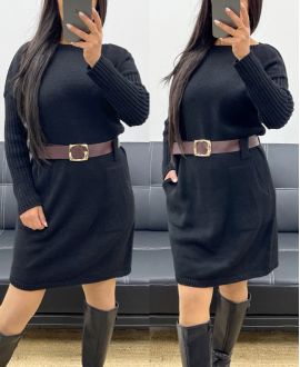 KNITTED DRESS WITH POCKETS + BELT AH250428 BLACK