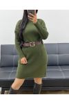 KNITTED DRESS WITH POCKETS + BELT AH250428 KHAKI