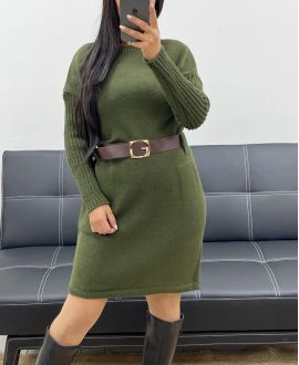 KNITTED DRESS WITH POCKETS + BELT AH250428 KHAKI