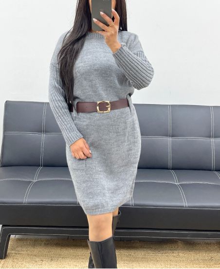 KNITTED DRESS WITH POCKETS + BELT AH250428 GREY