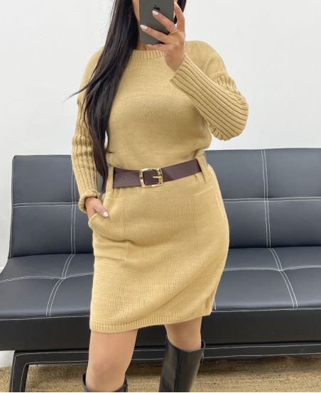 KNITTED DRESS WITH POCKETS + BELT AH250428 CAMEL