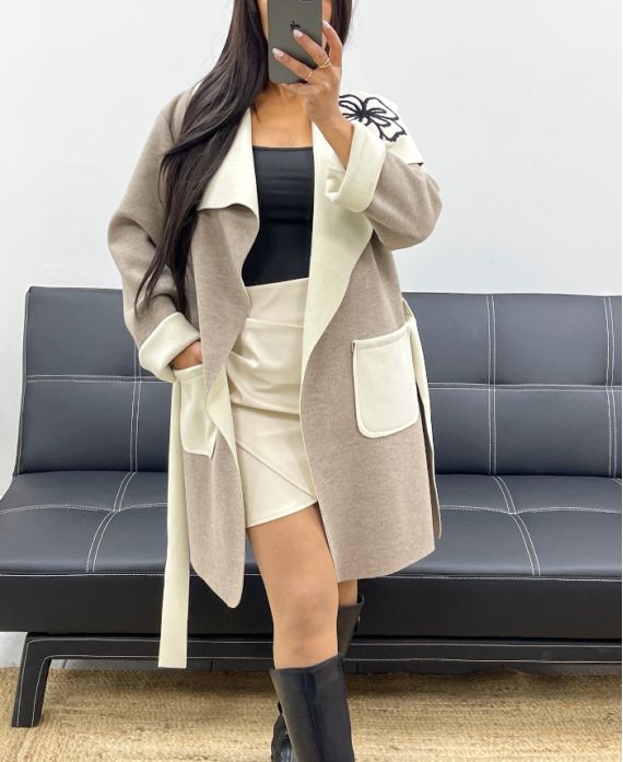 TWO-TONE COAT FLOWER AH250310 TAUPE