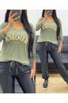 LIGHTWEIGHT V-NECK SWEATER LOVE ALWAYS AH250437 MILITARY GREEN