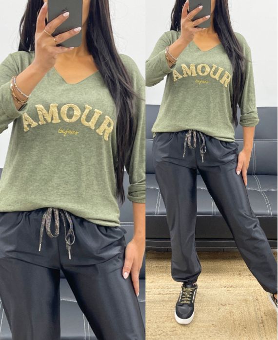 LIGHTWEIGHT V-NECK SWEATER LOVE ALWAYS AH250437 MILITARY GREEN