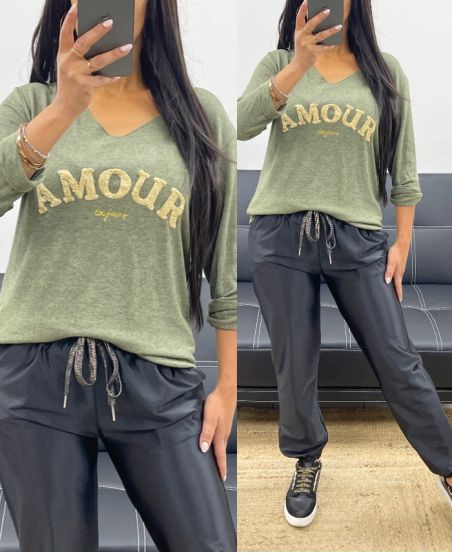 LIGHTWEIGHT V-NECK SWEATER LOVE ALWAYS AH250437 MILITARY GREEN