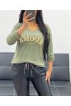 LIGHTWEIGHT V-NECK SWEATER LOVE ALWAYS AH250437 MILITARY GREEN