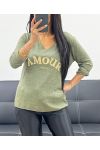 LIGHTWEIGHT V-NECK SWEATER LOVE ALWAYS AH250437 MILITARY GREEN