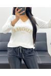 LIGHTWEIGHT V-NECK SWEATER LOVE ALWAYS AH250437 WHITE