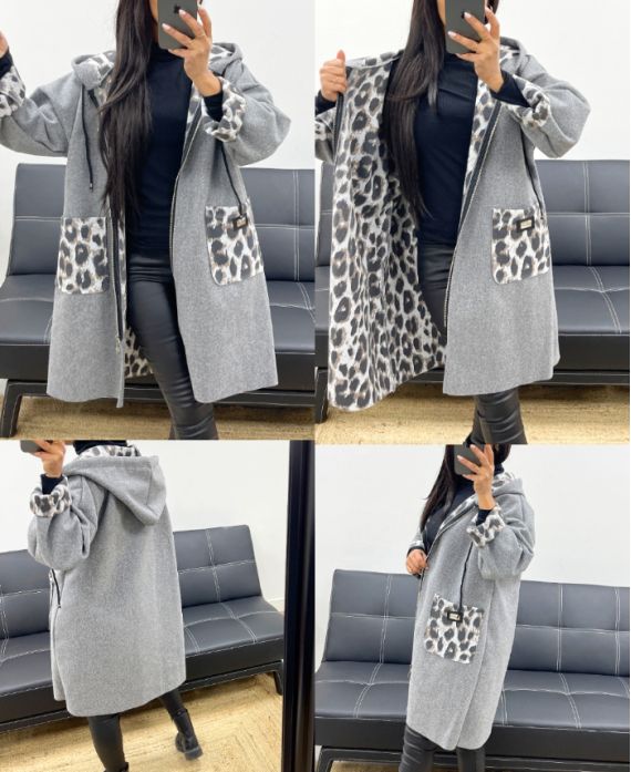 CHAQUETA CON CAPUCHA LEOPARDO AH250451 GRIS