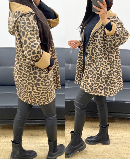 CHAQUETA OVERSIZE DE ANTE DE LEOPARDO CON CREMALLERA AH250338