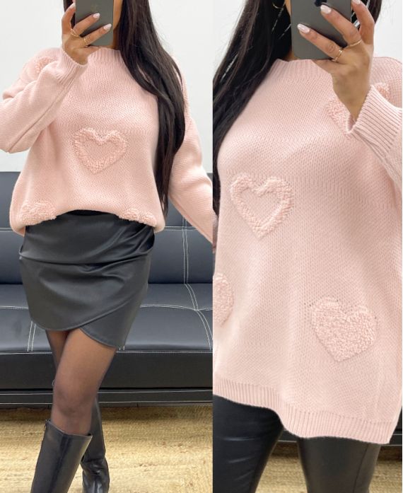 SWETER OVERSIZE HEART AH250422 RÓŻOWY