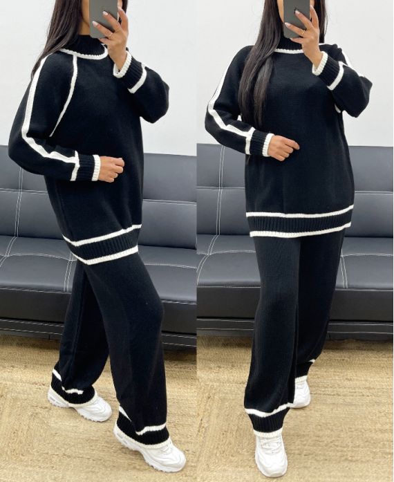 TWO-TONE SWEATER + KNIT PANTS SET AH250473 BLACK