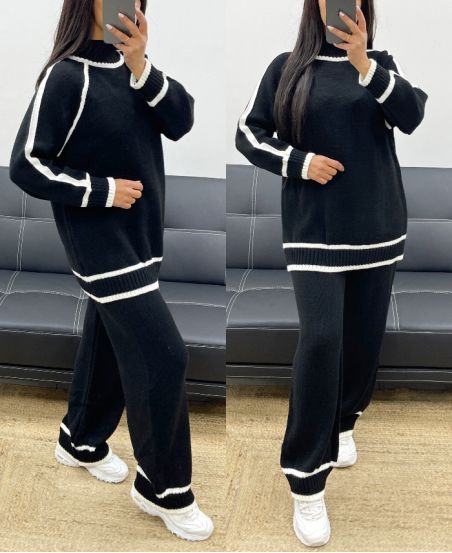 TWO-TONE SWEATER + KNIT PANTS SET AH250473 BLACK