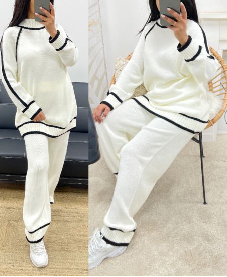 TWO-TONE SWEATER SET + KNITTED PANTS AH250473 WHITE