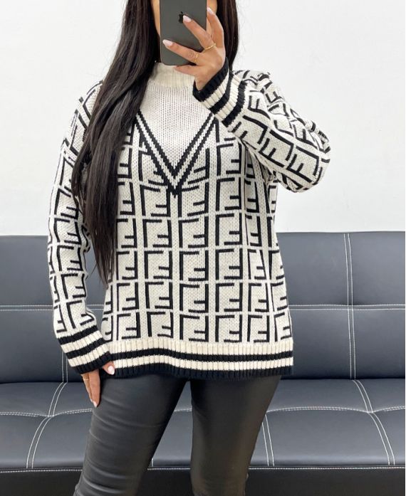 GEOMETRIC PATTERNED JUMPER WITH HIGH COLLAR AH857 BEIGE