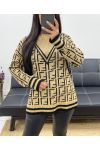 SWETER Z GEOMETRYCZNYM WZOREM Z WYSOKIM KOŁNIERZEM AH857 CAMEL