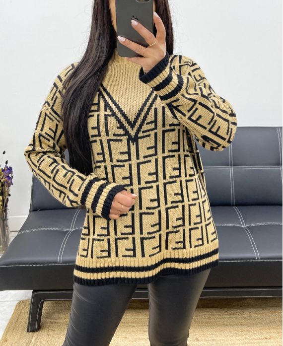 SWEATER WITH GEOMETRIC PATTERN WITH HIGH COLLAR AH857 CAMEL