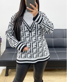 GEOMETRIC PATTERNED SWEATER WITH HIGH COLLAR AH857 GREY