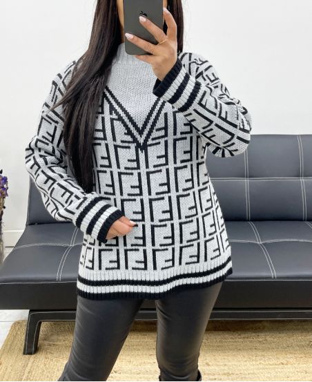 GEOMETRIC PATTERNED SWEATER WITH HIGH COLLAR AH857 GREY