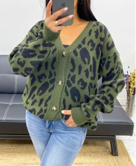 GILET A BOUTONS MOTIFS LEOPARD AH250465 VERT MILITAIRE