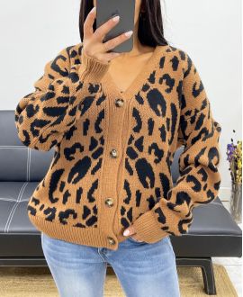 CARDIGAN CON BOTTONI LEOPARDATI AH250465 CAMMELLO