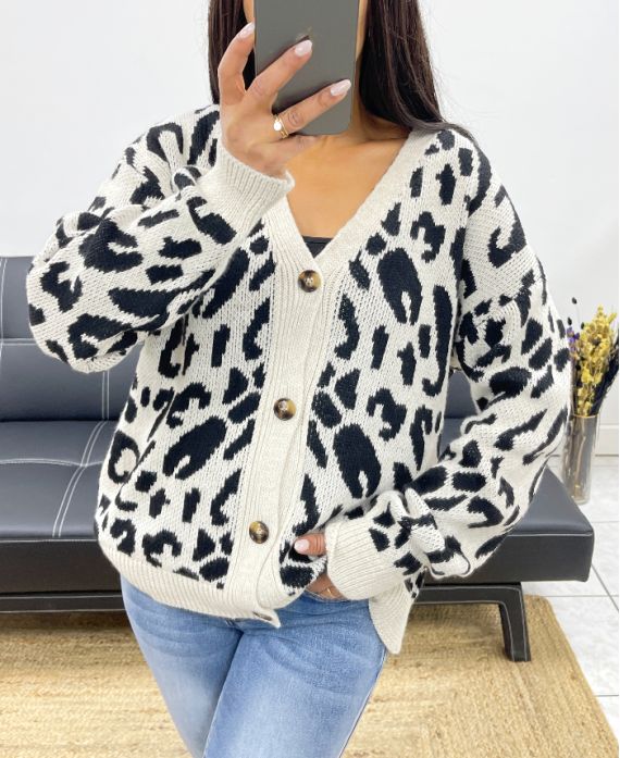 CARDIGAN CON BOTTONI LEOPARDATI AH250465 ECRU