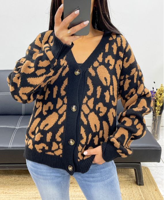 LEOPARD BUTTON CARDIGAN AH250465 BLACK