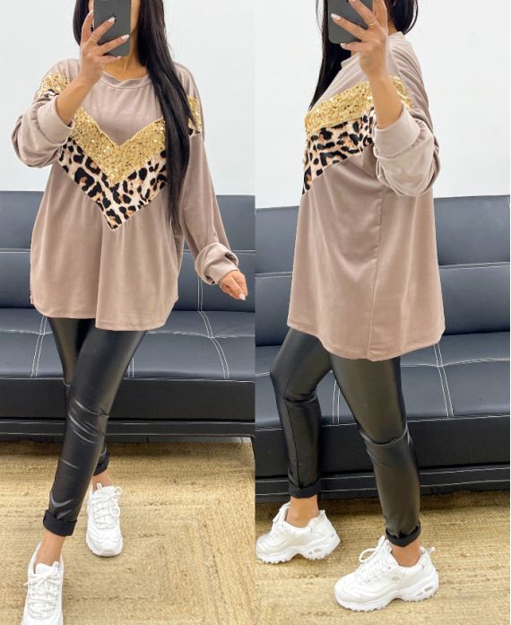 LEO OVERSIZED VELVET SWEATSHIRT WITH SEQUINS AH250873 TAUPE