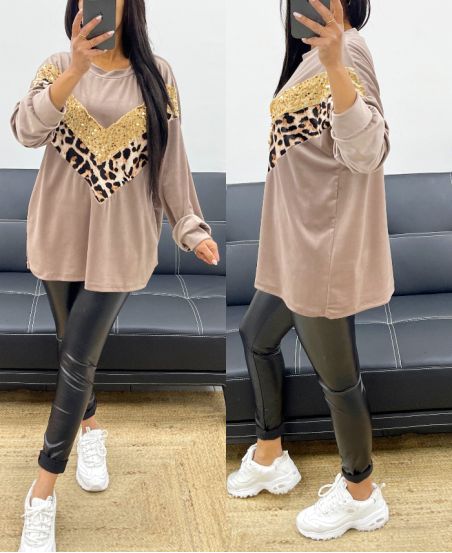 LEO OVERSIZED VELVET SWEATSHIRT WITH SEQUINS AH250873 TAUPE