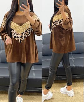 WELUROWA BLUZA OVERSIZE LEO Z AH250873 CZEKOLADOWYMI CEKINAMI