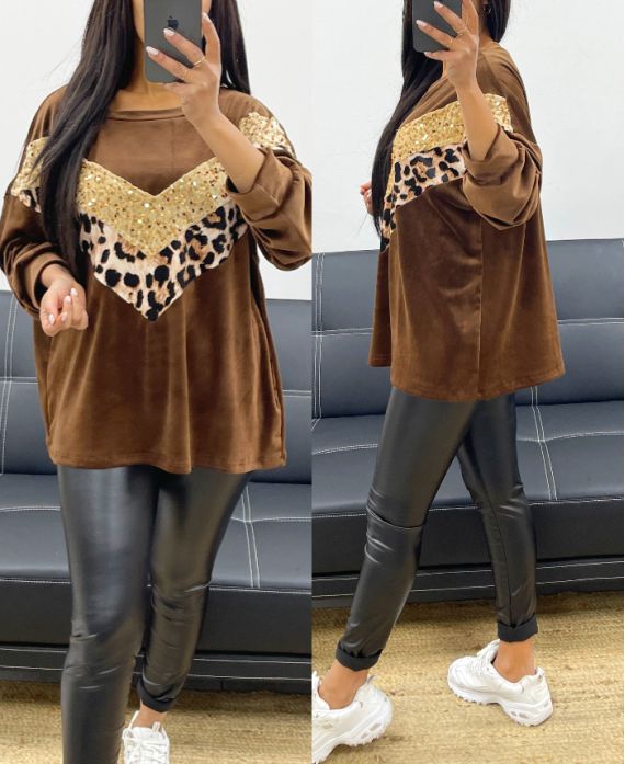 LEO FELPA OVERSIZE IN VELLUTO CON PAILLETTES AH250873 CIOCCOLATO