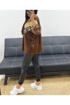 WELUROWA BLUZA OVERSIZE LEO Z AH250873 CZEKOLADOWYMI CEKINAMI