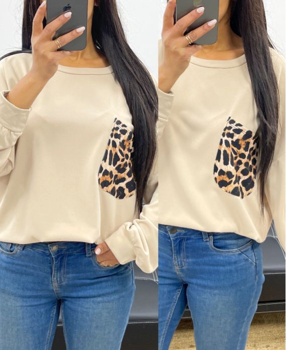 OVERSIZED LEOPARD POCKET SWEATSHIRT AH250871 BEIGE