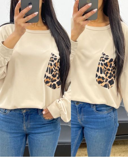 OVERSIZE-SWEATSHIRT MIT LEOPARDENTASCHE AH250871 BEIGE