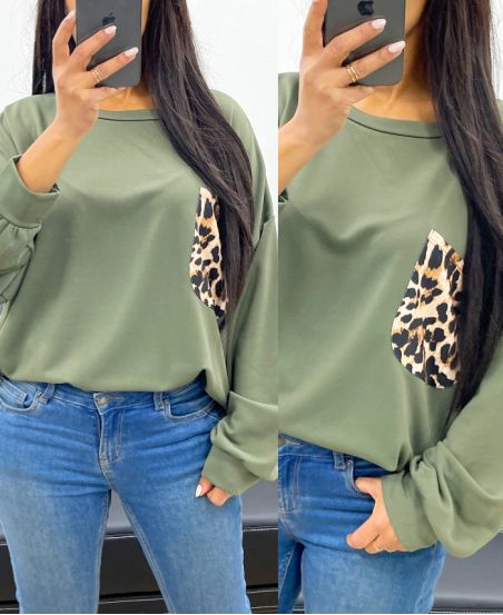 OVERSIZED LEOPARD POCKET SWEATSHIRT AH250871 MILITARY GREEN