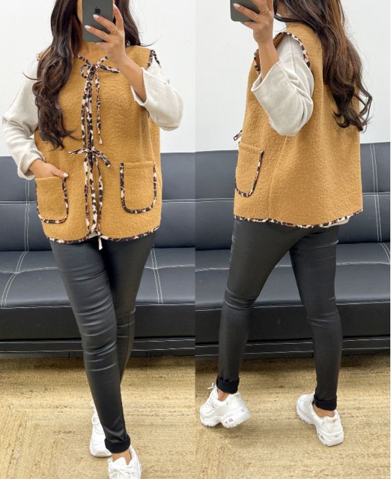 MOUMOUTE CARDIGAN WITH LEOPARD BOWS AH250911 CAMEL