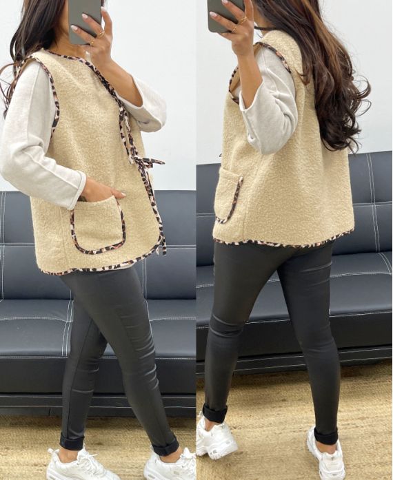 MOUMOUTE VEST WITH LEOPARD BOWS AH250911 BEIGE