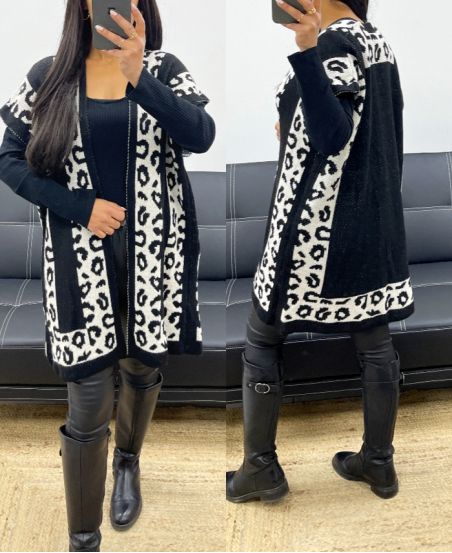 STRICKJACKE/PONCHO MIT LEOPARDENMUSTER AH250914 SCHWARZ