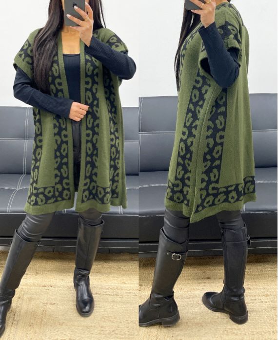 GILET/PONCHO MOTIFS LEOPARD AH250914 VERT MILITAIRE