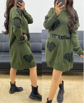 OVERSIZED DOUBLE KNIT HEART AH250935 DRESS MILITARY GREEN