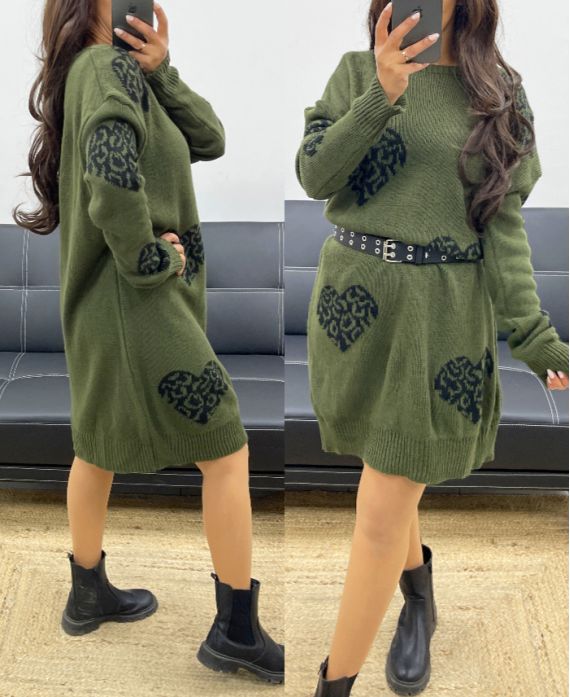 OVERSIZED DOUBLE KNIT HEART AH250935 DRESS MILITARY GREEN