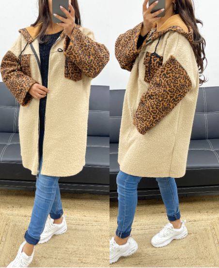 LEOPARD HOODED ZIPPED FLEECE JACKET AH250896 BEIGE