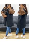 OVERSIZED FLEECE HOODED OVERSIZED JACKET WITH LEOPARD AH250896 BLACK